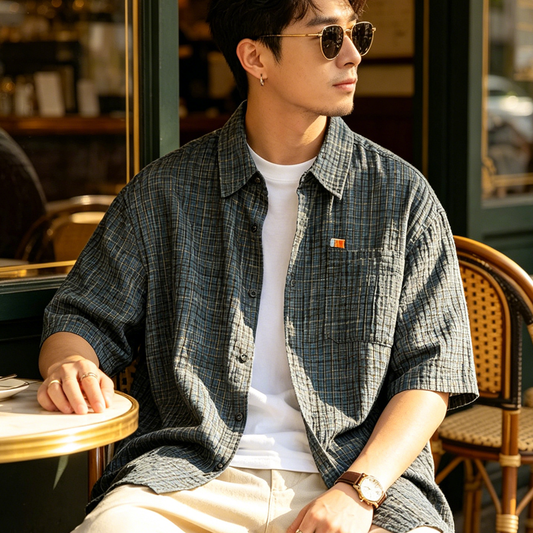 Retro Seersucker Plaid Shirt Men – Loose Fit Japanese Summer Short Sleeve