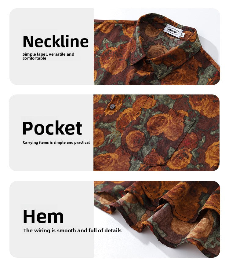 American Retro Oil Painting Floral Full Print Long Sleeve Shirt for Men, Autumn Street Style Loose Casual Floral Shirt