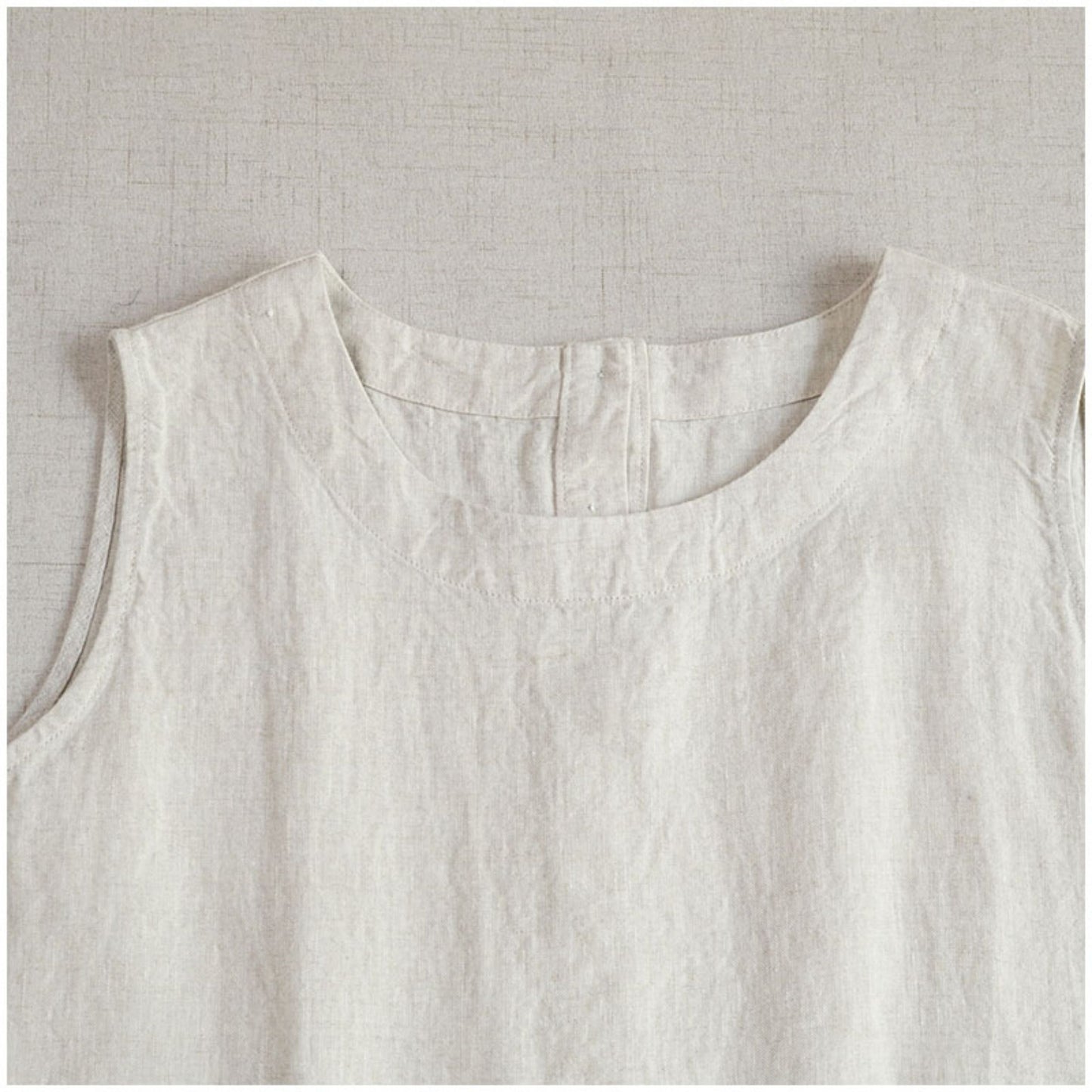 Linen Color-Block Mori Girl Tank Dress – High-Waist, Loose, Round Neck