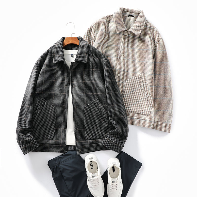 Heavyweight 53% Sheep Wool Houndstooth Lapel Coat – Korean-Style Casual Winter Staple