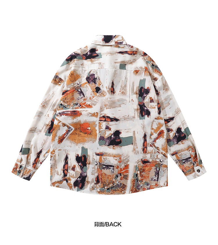 Design Sense Oil Painting Print Long Sleeve Floral Shirt for Men Spring and Autumn Trendy Brand Beach Casual Shirt Jacket