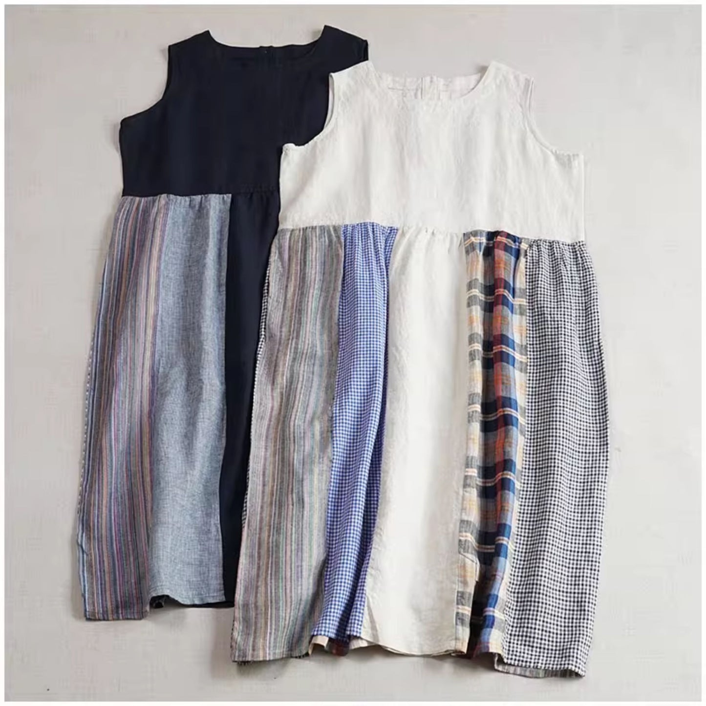 Linen Color-Block Mori Girl Tank Dress – High-Waist, Loose, Round Neck