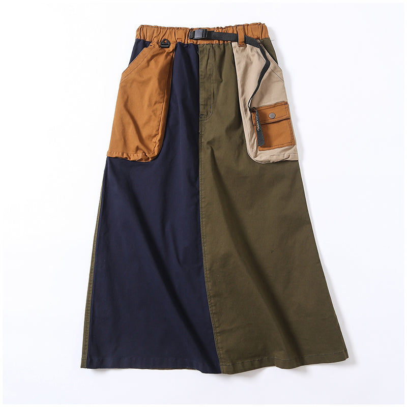 Japanese-Style Patchwork A-Line Skirt – Retro Loose Fit with Elastic Waist & Pockets
