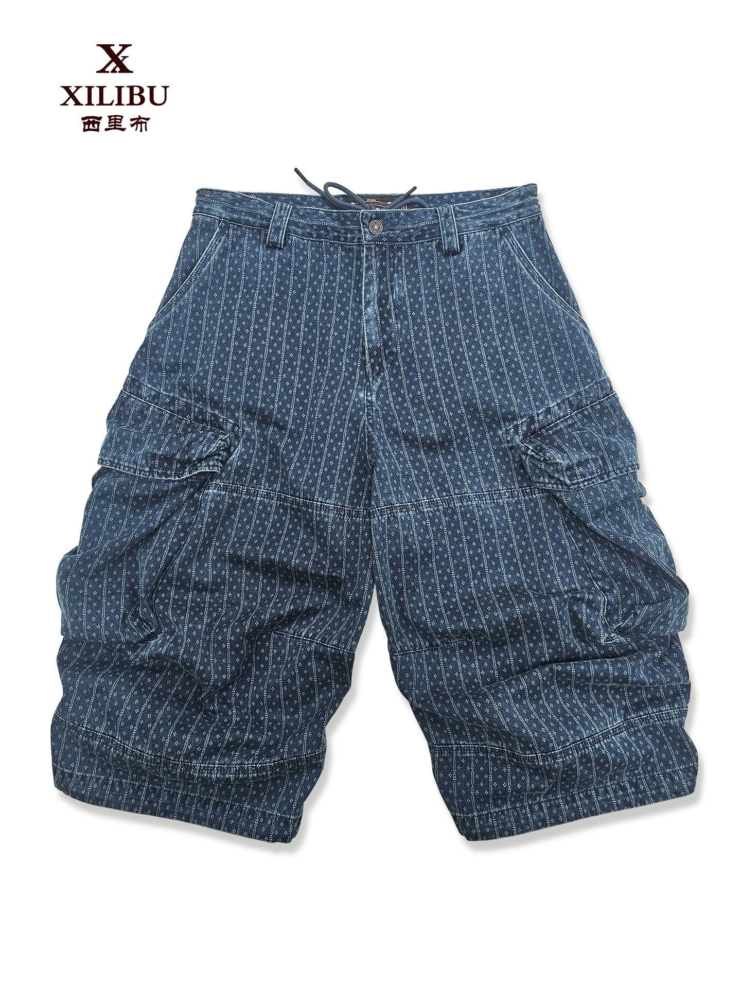 Blue Dyed Jacquard Loose Fit Scimitar Cropped Pants Japanese Retro Style with Large Pockets Casual Mid-Length Shorts