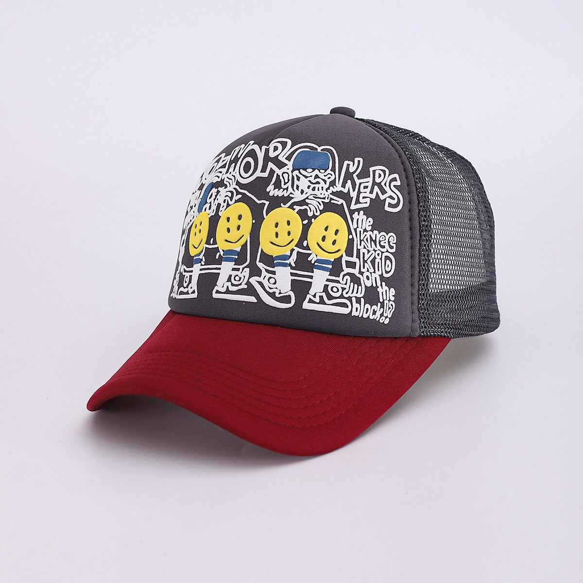Japanese 25AW Kapital Hirata Kazuhiro Smiley Face Camo Foam Print Mesh Baseball Cap – Breathable Patchwork Design