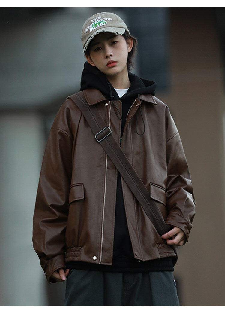 American Retro Lapel Leather Biker Jacket – Oversized Unisex | Yamalin clothes | Vintage workwear outfit for men