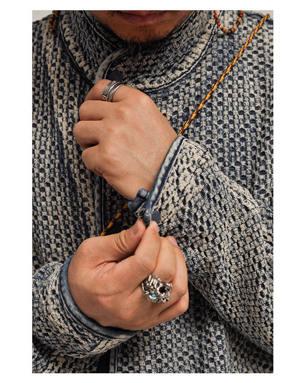 Textured Denim Jacket – Stand Collar & Bound Pockets