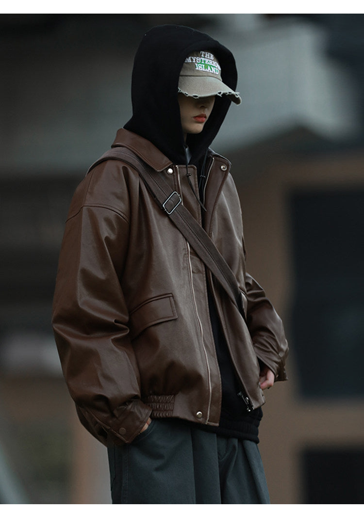 American Retro Lapel Leather Biker Jacket – Oversized Unisex | Yamalin clothes | Vintage workwear outfit for men