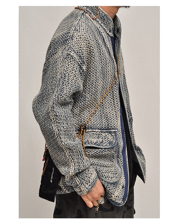 Textured Denim Jacket – Stand Collar & Bound Pockets