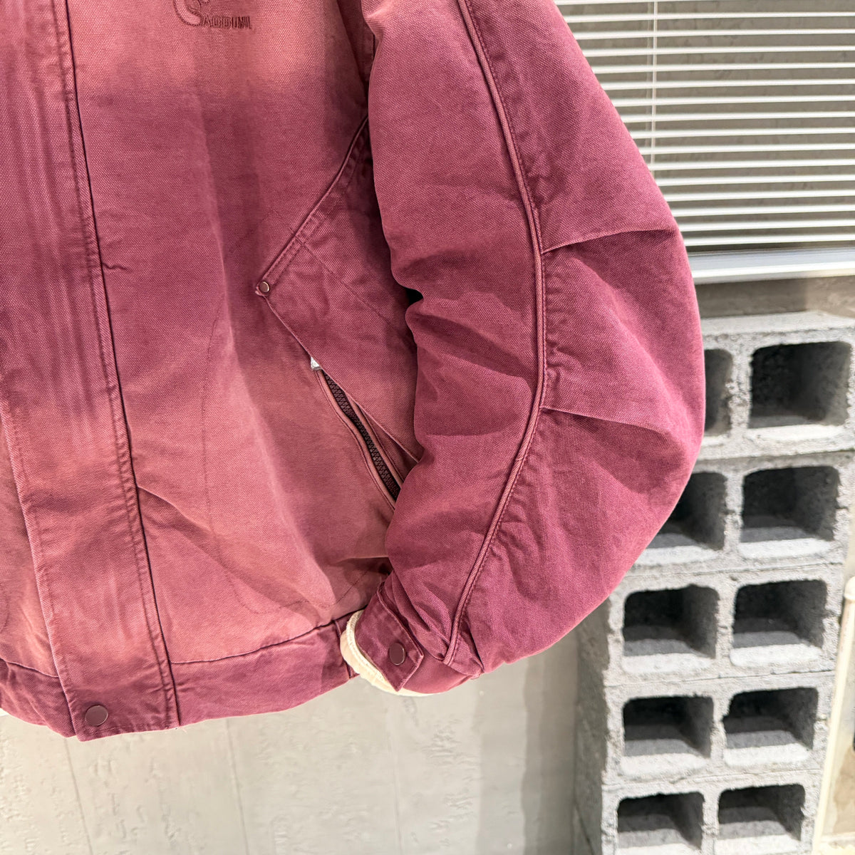American Vintage Washed Distressed Denim Stand-Collar Jacket – Oversized Unisex