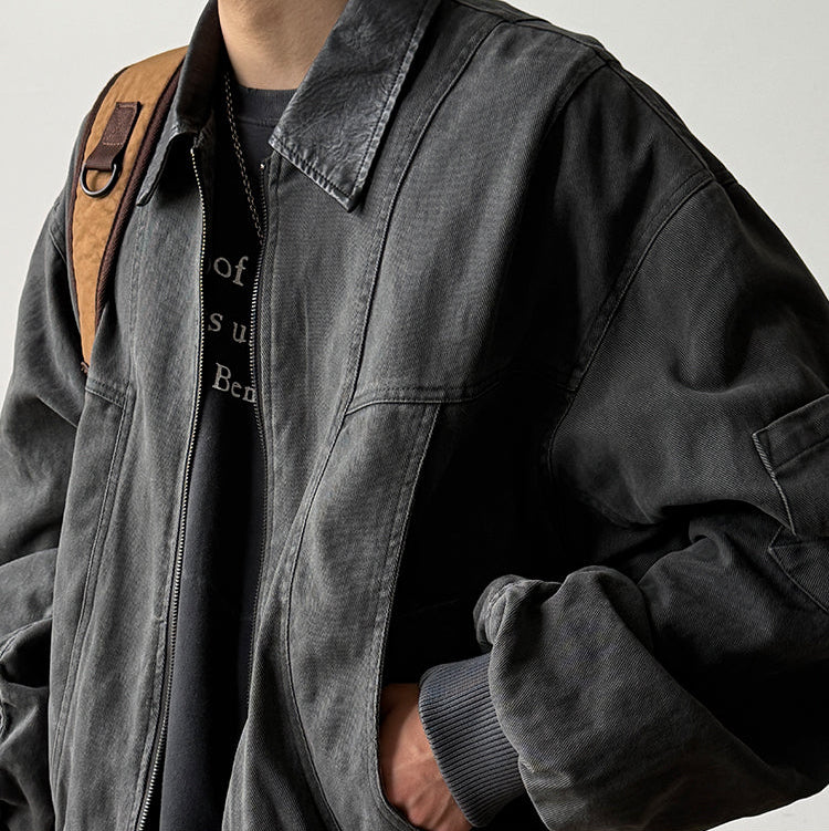Washed Workwear Jacket – Contrast Collar & Sleeve Pocket | Yamalinclothes | Vintage workwear outfit