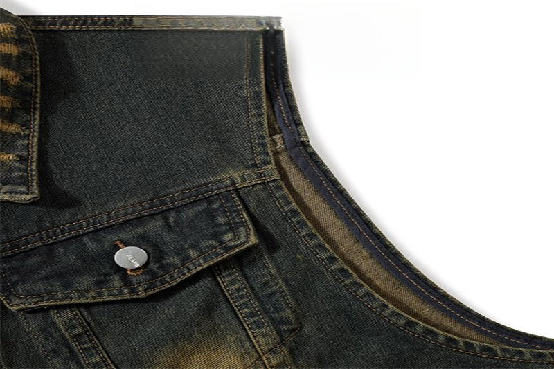 Vintage Distressed Turn-Down Collar Short Fringe Raw Edge Denim Vest Men's Functional Style Workwear Stylish Vintage Vest