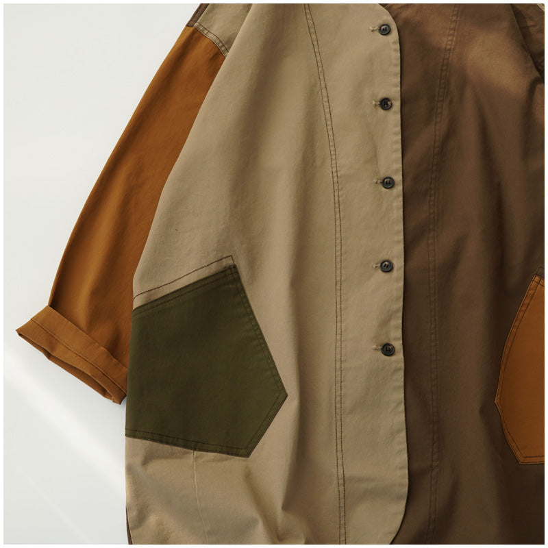 Color-Block Mid-Length Trench Coat – Japanese Retro V-Neck Single-Breasted Jacket