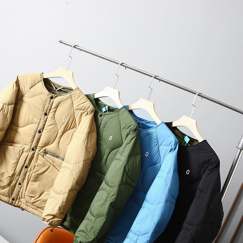 Collarless Down Jacket – Wave Quilting & Snap Front