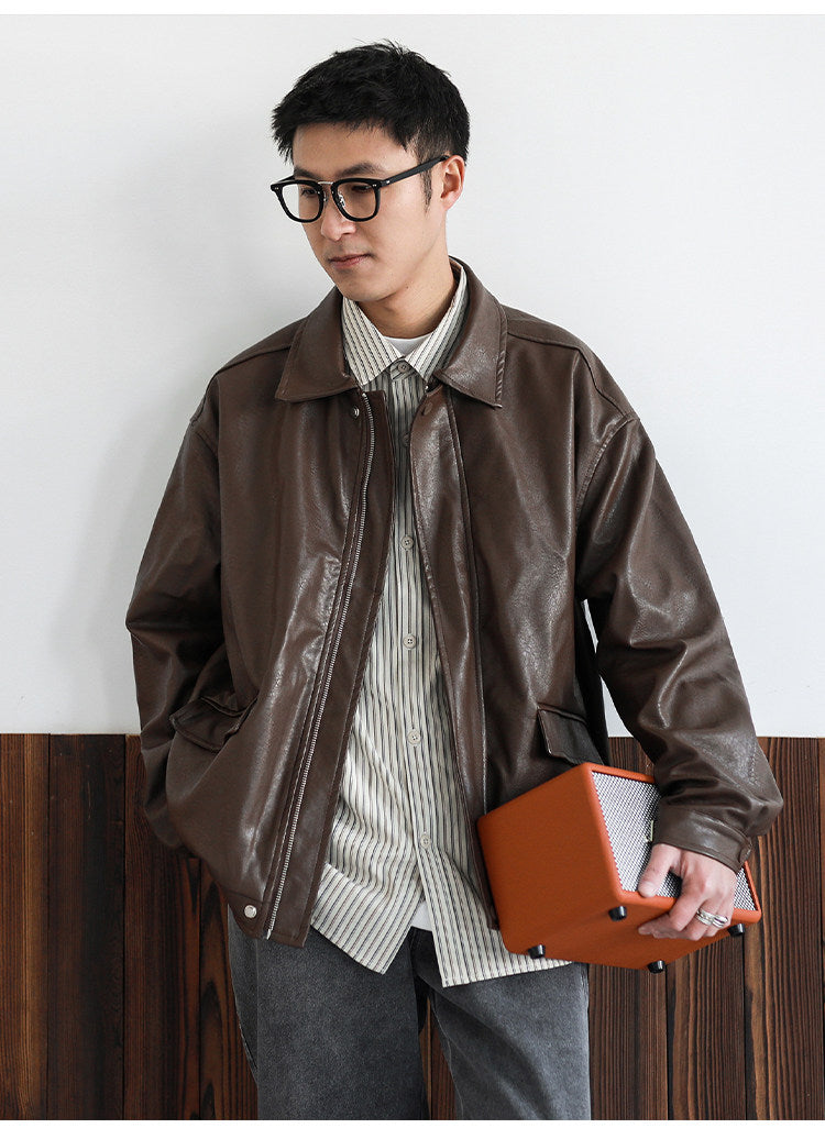 American Retro Lapel Leather Biker Jacket – Oversized Unisex | Yamalin clothes | Vintage workwear outfit for men