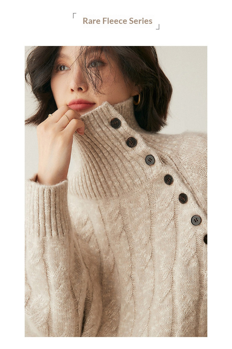 Heavy-duty lazy cashmere sweater, diagonal buttoned floral tulle, thickened twisted high-neck sweater, Korean autumn/winter new women's knitwear | Yamalinclothes