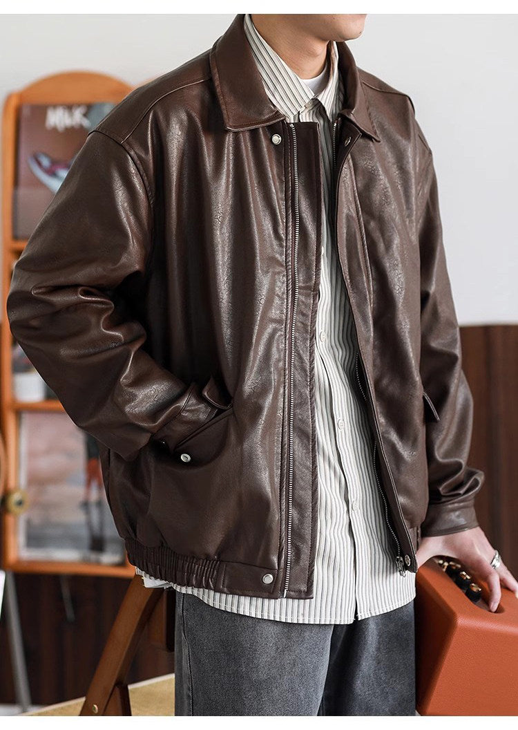 American Retro Lapel Leather Biker Jacket – Oversized Unisex | Yamalin clothes | Vintage workwear outfit for men
