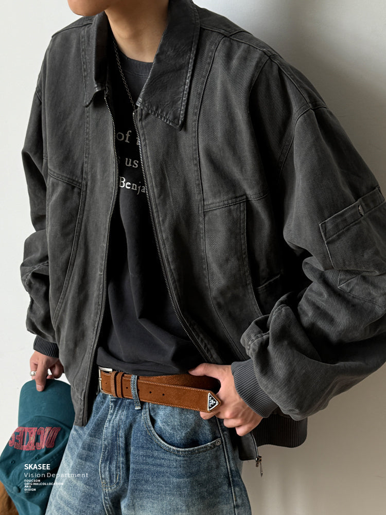 Washed Workwear Jacket – Contrast Collar & Sleeve Pocket | Yamalinclothes | Vintage workwear outfit