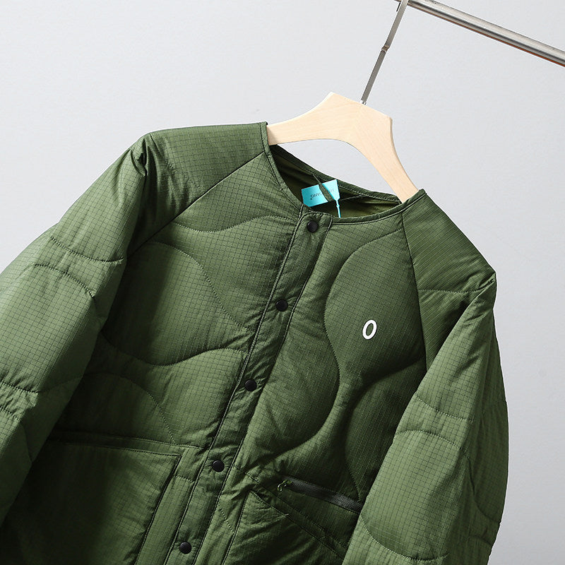 Collarless Down Jacket – Wave Quilting & Snap Front