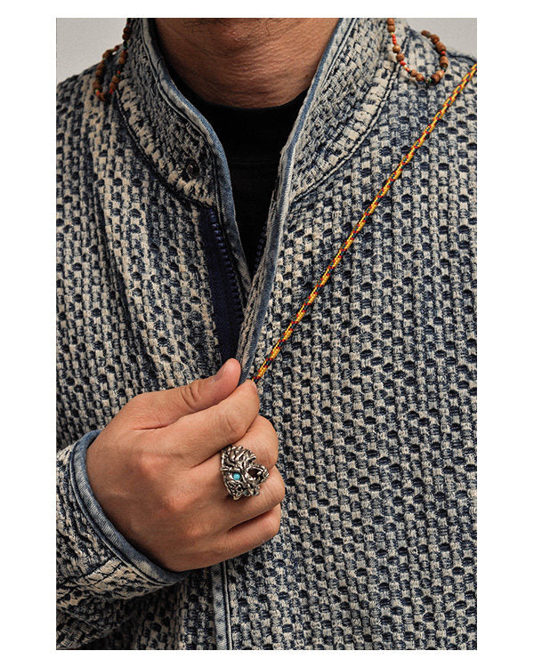 Textured Denim Jacket – Stand Collar & Bound Pockets