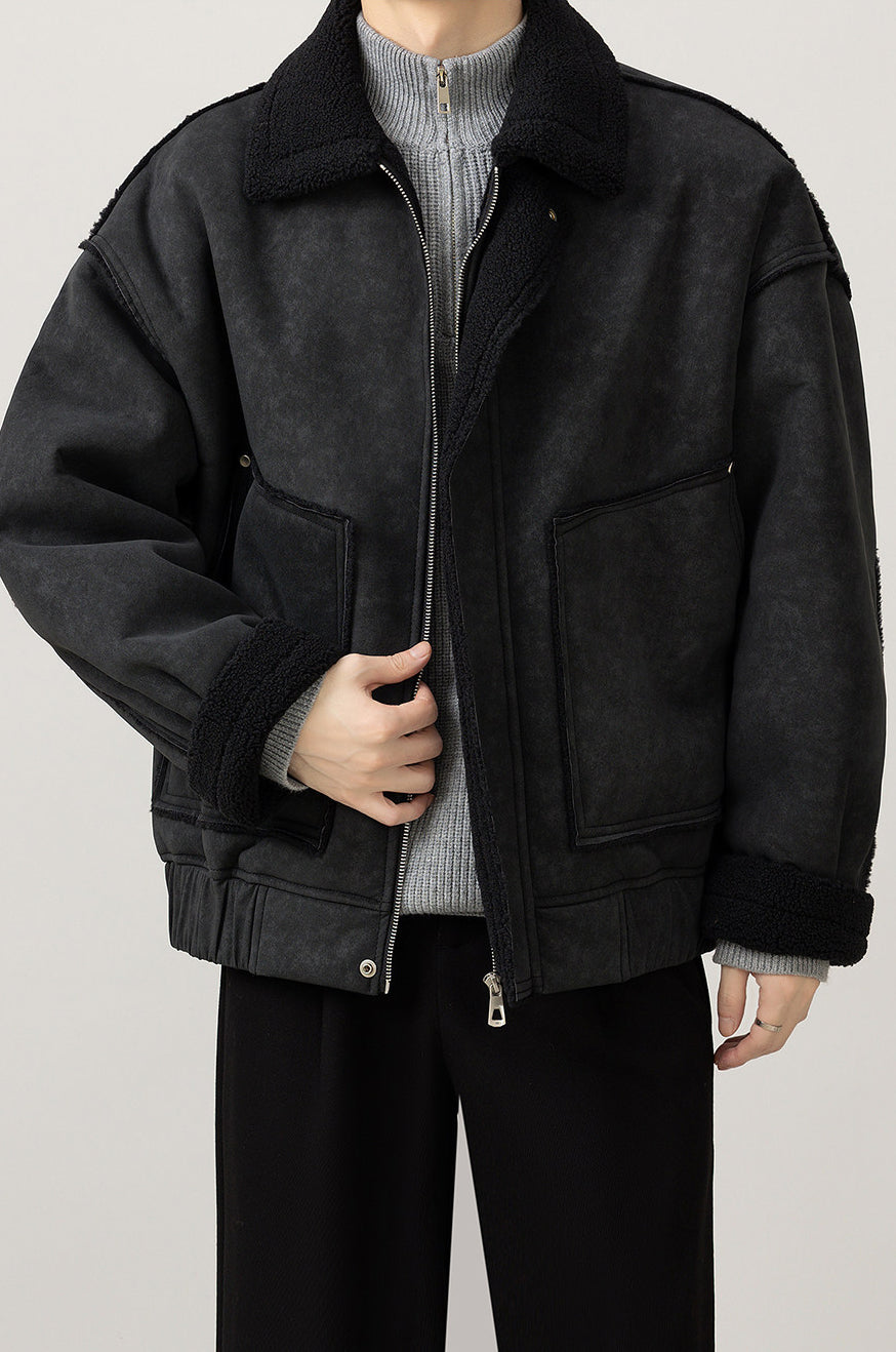 Fleece-Collar Jacket – Riveted Pockets & Boxy Fit
