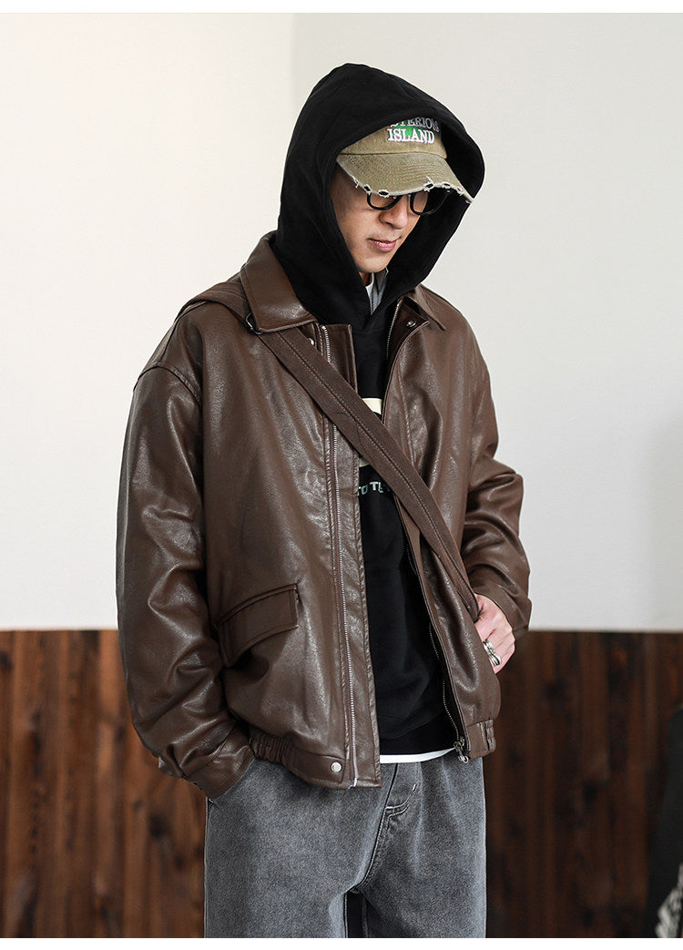 American Retro Lapel Leather Biker Jacket – Oversized Unisex | Yamalin clothes | Vintage workwear outfit for men