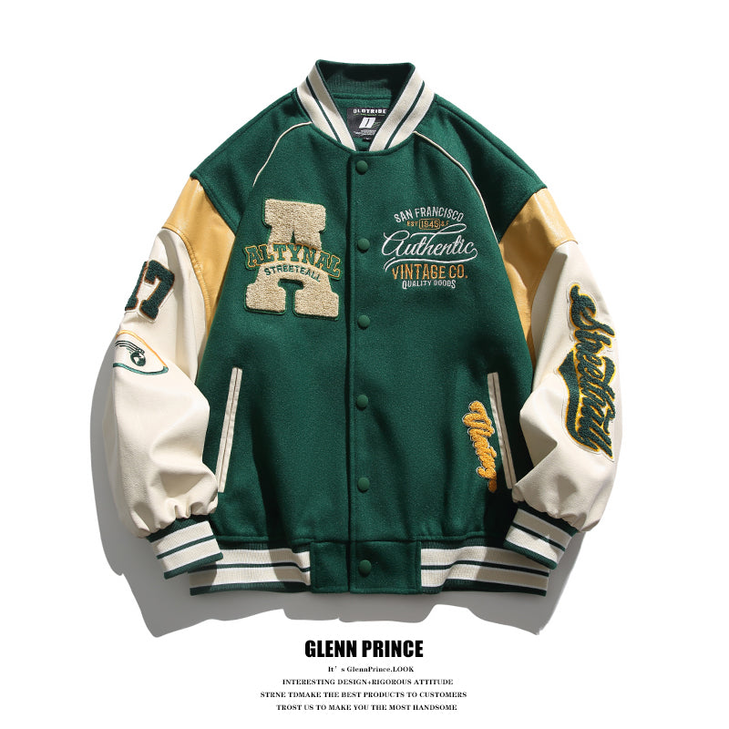 American Style Trendy Brand Patchwork Baseball Jacket for Men, Autumn and Winter Retro Cotton Jacket, Spring and Autumn New Couple Jacket