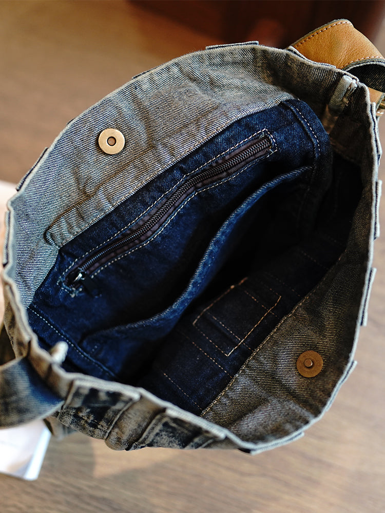 Vintage Washed Distressed Denim Patchwork Lightweight Large Capacity Tote Bag Versatile Casual Shoulder Crossbody Bag