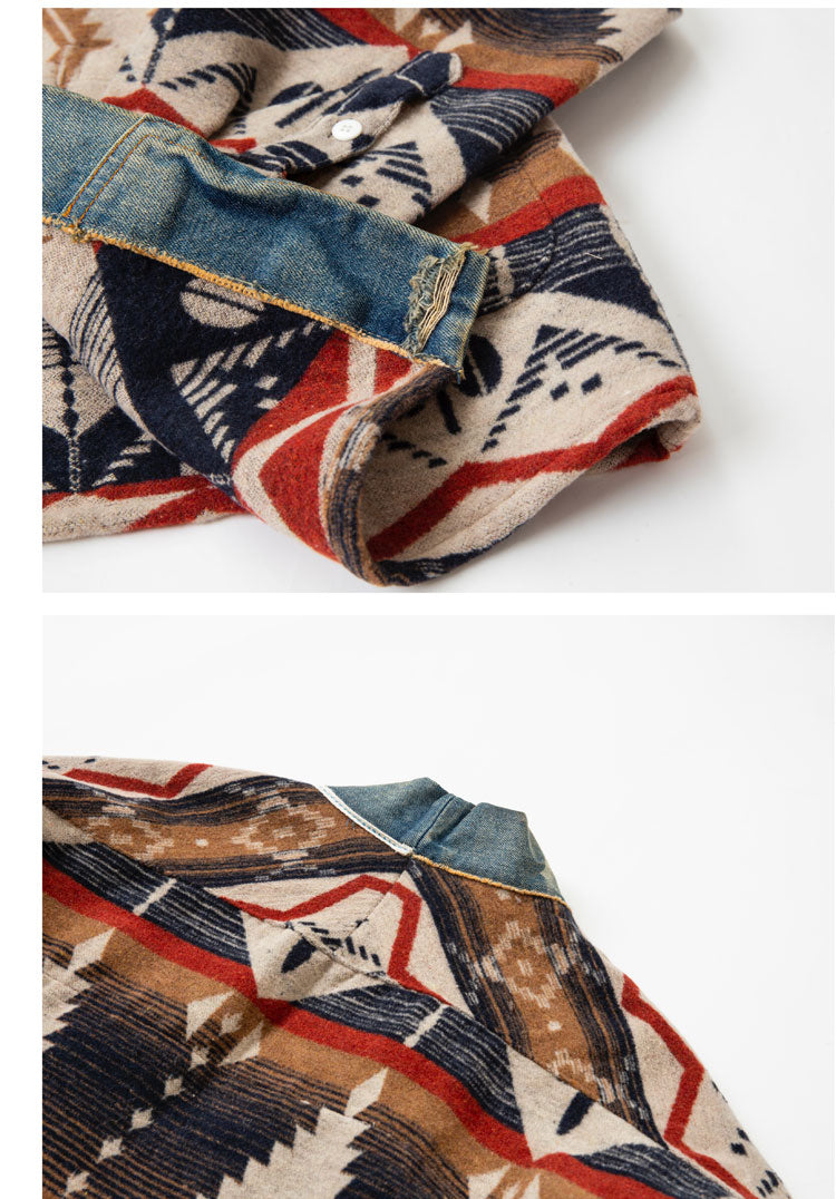 Men's Luckysartorius Japanese Retro Denim-Stitched Woolen Jacket - National Wind Robe Style Coat