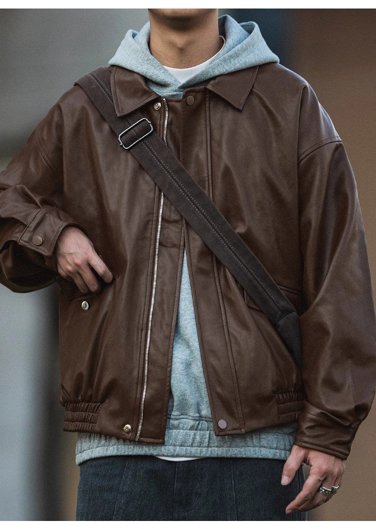 American Retro Lapel Leather Biker Jacket – Oversized Unisex | Yamalin clothes | Vintage workwear outfit for men