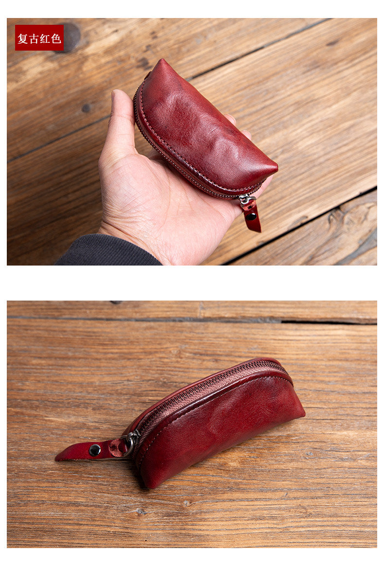 Handmade Top-Grain Cowhide Key Case – Vintage Mini Leather Coin Purse
