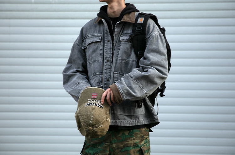 Cotton Cargo Jacket – Corduroy Collar & Four Pockets | Yamalin clothes | Vintage workwear outfit for men