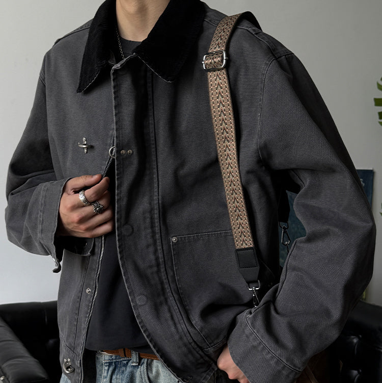 Washed Workwear Jacket – Contrast Collar & Sleeve Pocket | Yamalinclothes | Vintage workwear outfit