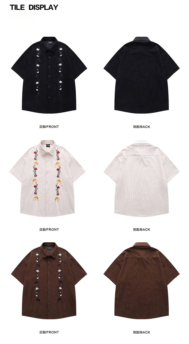 American Retro Floral Embroidery Corduroy Short Sleeve Shirt for Men Summer Trendy Brand Niche Loose Shirt