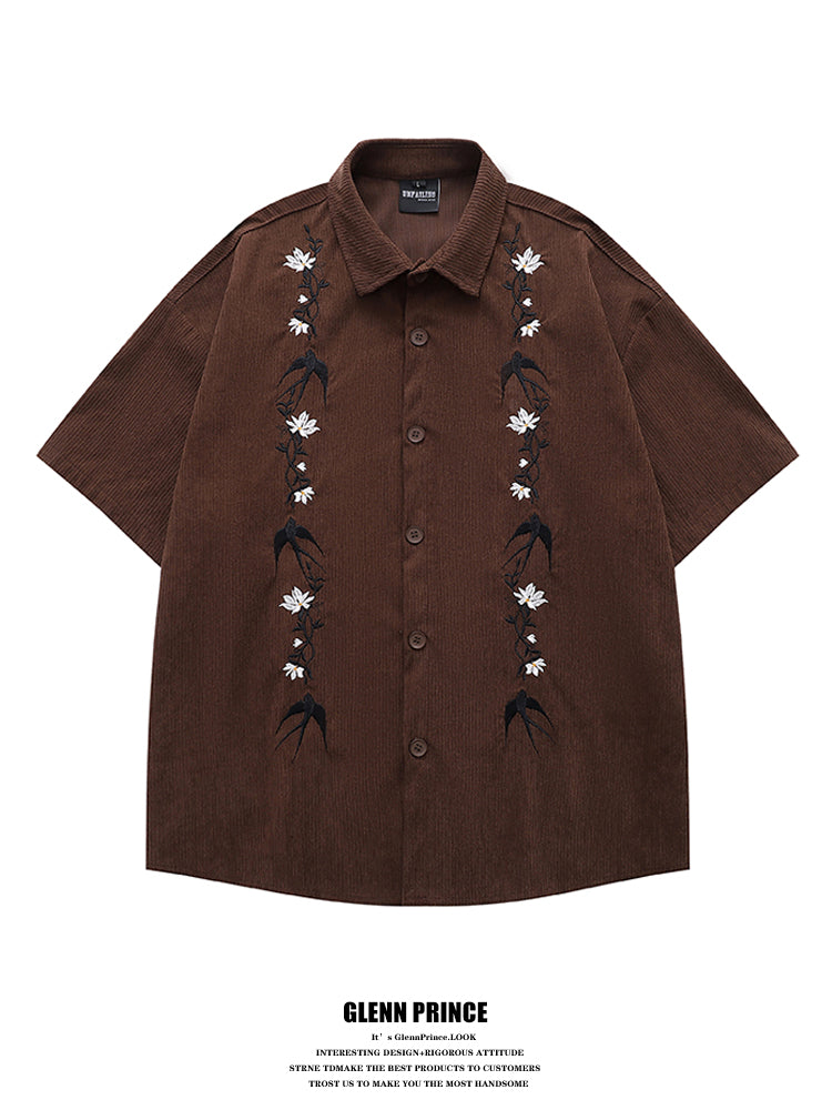American Retro Floral Embroidery Corduroy Short Sleeve Shirt for Men Summer Trendy Brand Niche Loose Shirt