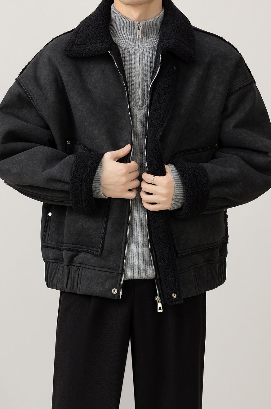 Fleece-Collar Jacket – Riveted Pockets & Boxy Fit