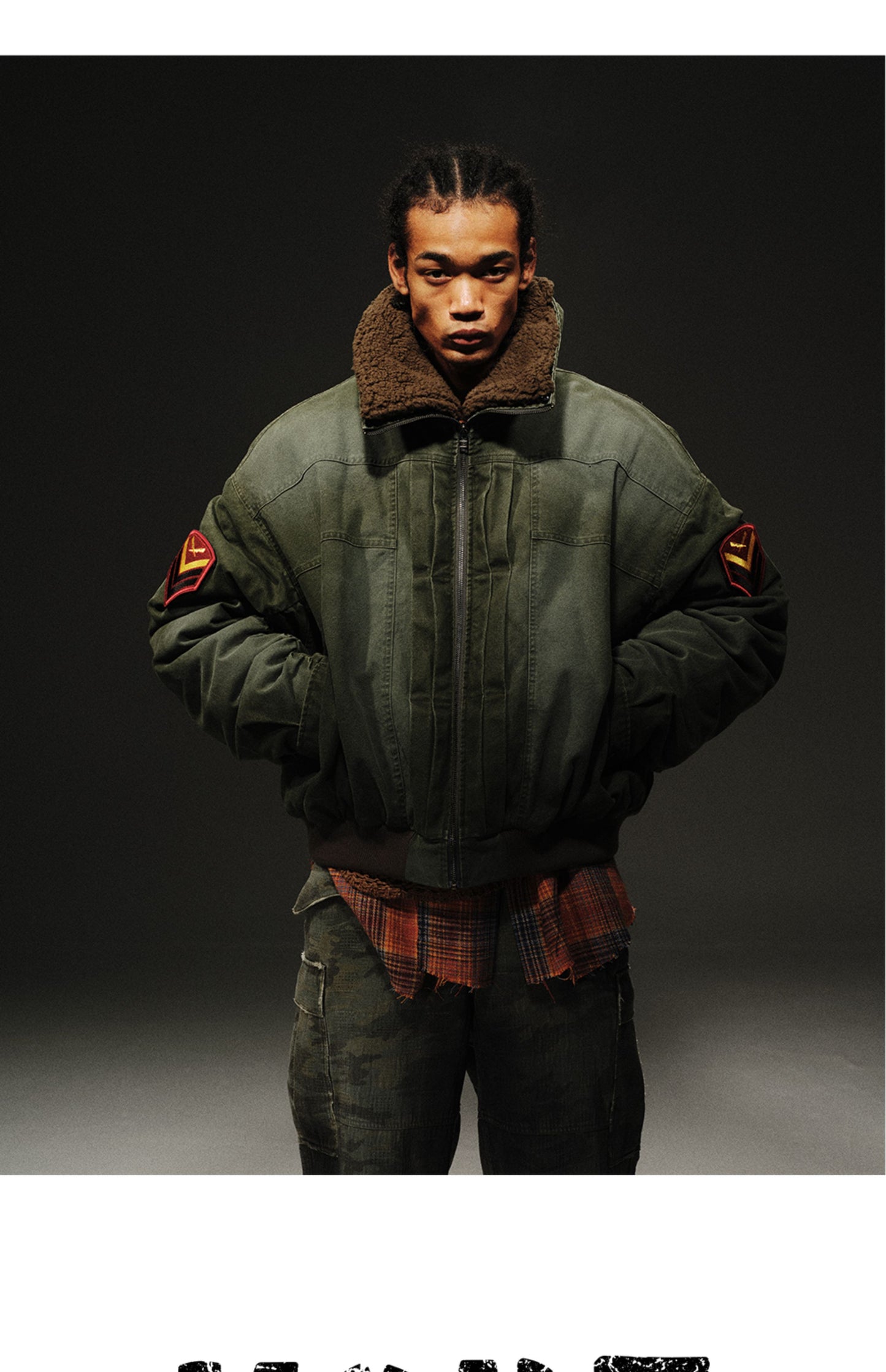 24aw Washed Green Vintage Jacket Cotton-Padded Coat Distressed Epaulet Fur Collar Thickened Coat