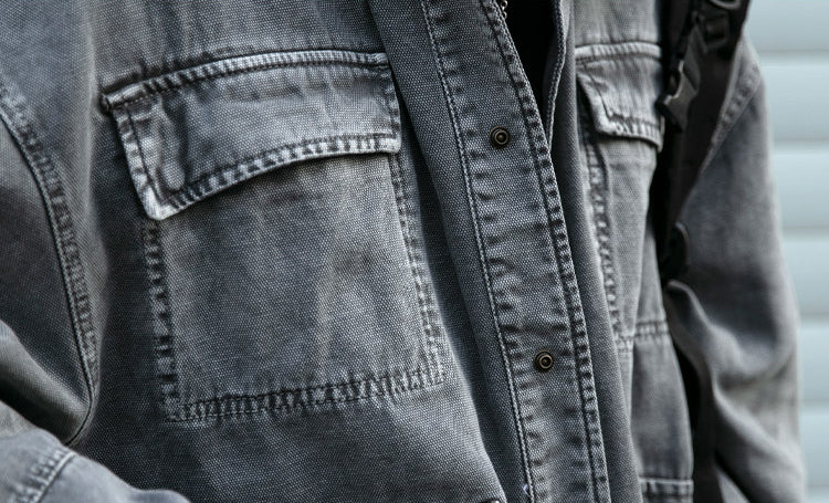 Cotton Cargo Jacket – Corduroy Collar & Four Pockets | Yamalin clothes | Vintage workwear outfit for men