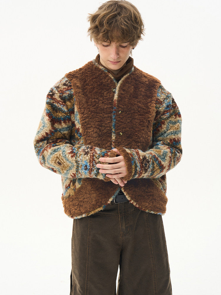 Printed Wool Patchwork Coat - Eco-Friendly Wooden Button Warm Jacket