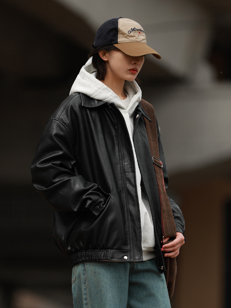 American Retro Lapel Leather Biker Jacket – Oversized Unisex | Yamalin clothes | Vintage workwear outfit for men