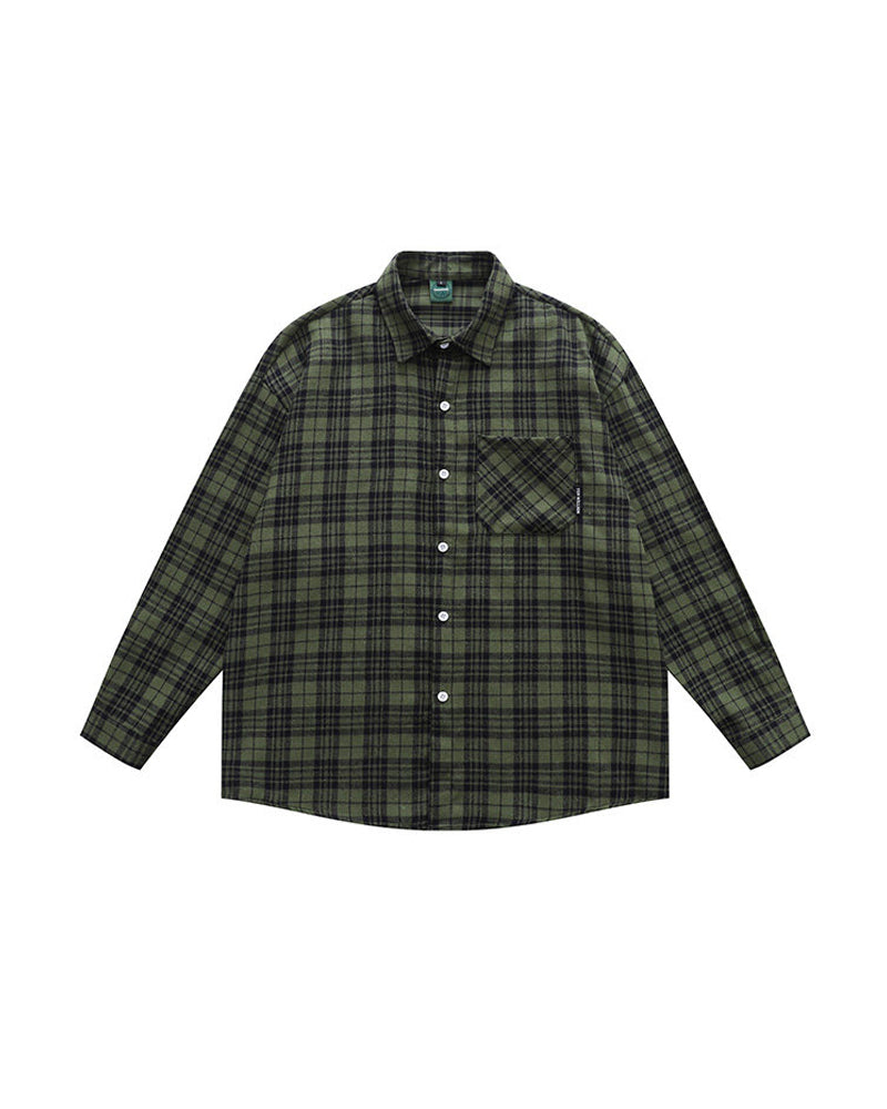 Vintage Sanded Green Plaid Long Sleeve Shirt – Loose Unisex Casual
