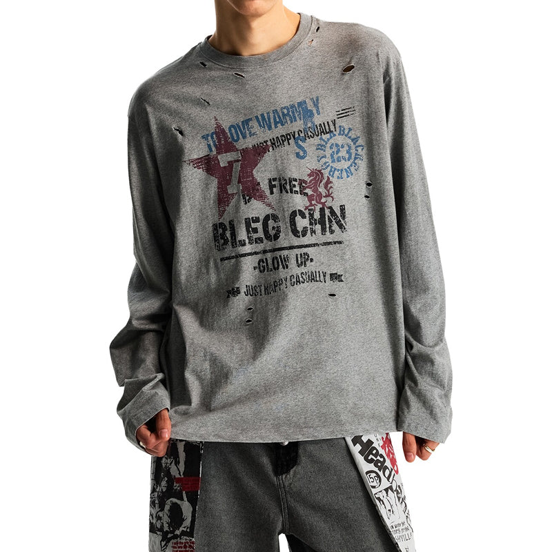 Vintage Distressed Ripped Long-Sleeve T-Shirt – Oversized Unisex Graphic Pullover Top