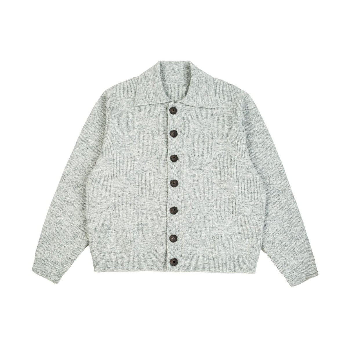Collegiate Vintage Knit Cardigan – Unisex Oversized Grey Oatmeal | Yamalin clothes | Men's Vintage Workwear