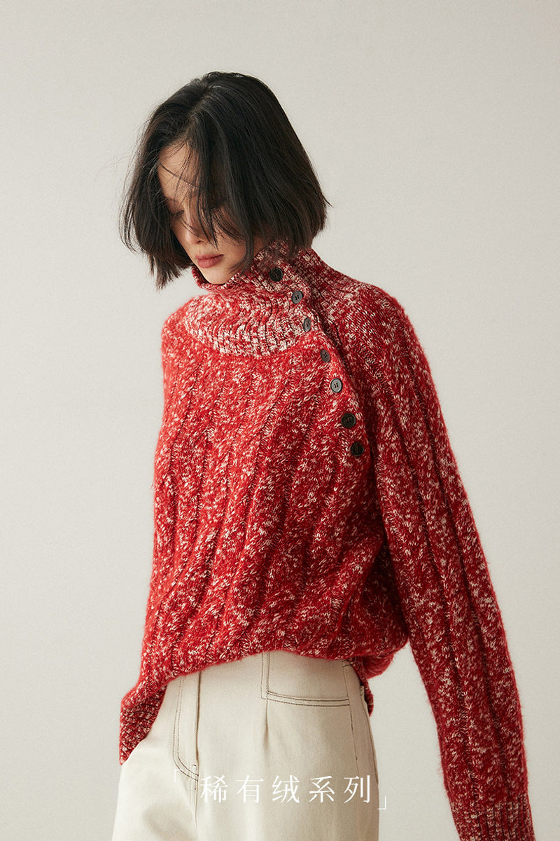 Heavy-duty lazy cashmere sweater, diagonal buttoned floral tulle, thickened twisted high-neck sweater, Korean autumn/winter new women's knitwear | Yamalinclothes