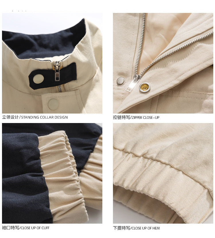 Color-Block Stand-Collar Jacket – Oversized Unisex American Retro | Yamalin clothes | Vintage workwear outfit for men
