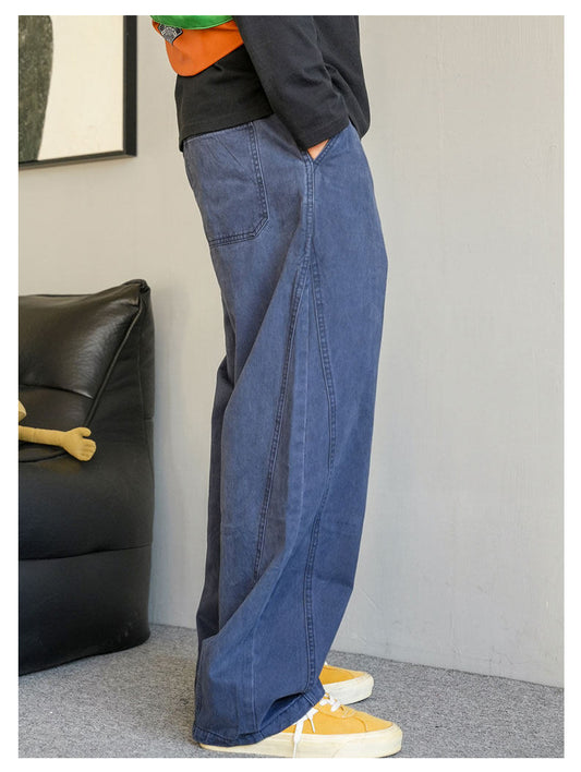 Blue Vintage Utility Pants, Heavy-Duty Washed Distressed Casual Loose Wide-Leg Men's Long Pants Made of Pure Cotton