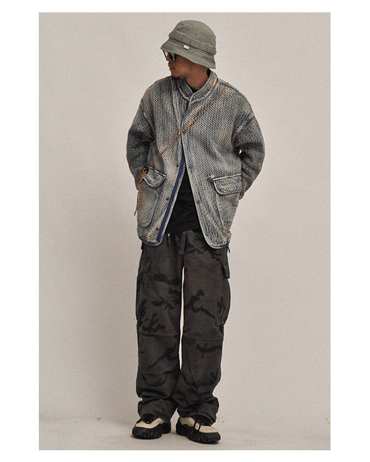 Textured Denim Jacket – Stand Collar & Bound Pockets