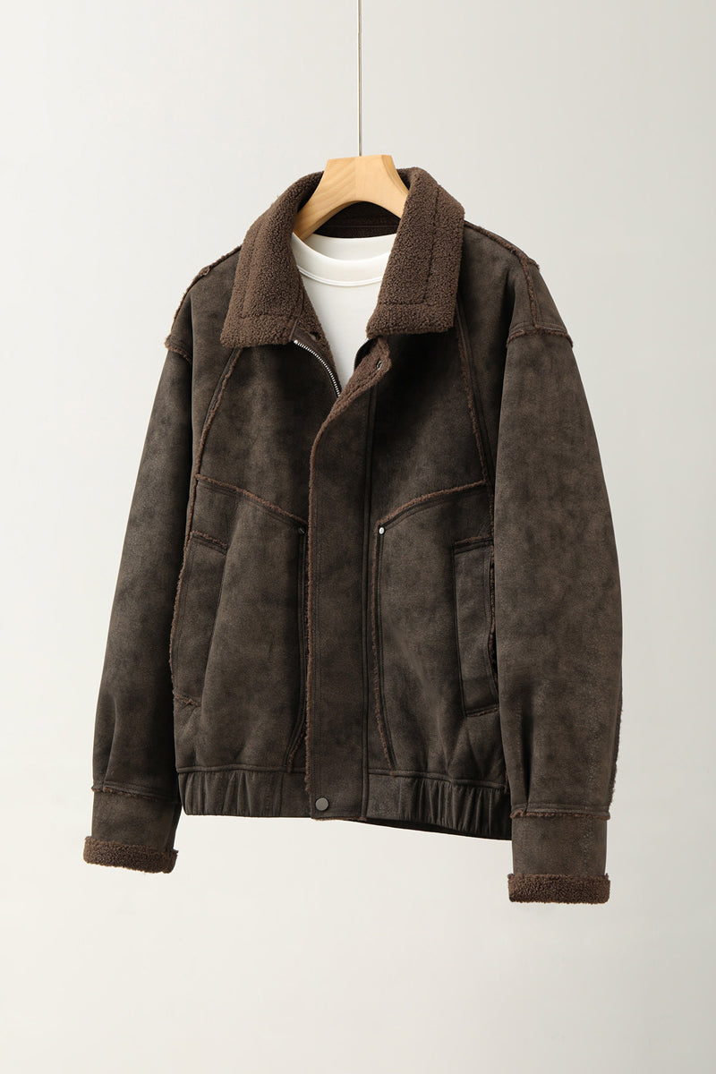 Faux Leather Jacket – Aged Finish & Fleece Collar