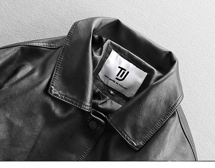 Badge Embroidered PU Leather Biker Jacket – Oversized Unisex | Yamalin clothes | Vintage workwear outfit for men
