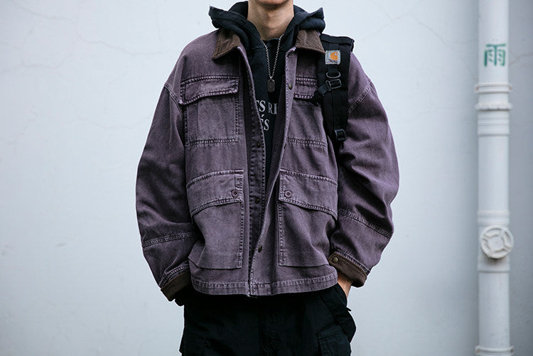 Cotton Cargo Jacket – Corduroy Collar & Four Pockets | Yamalin clothes | Vintage workwear outfit for men